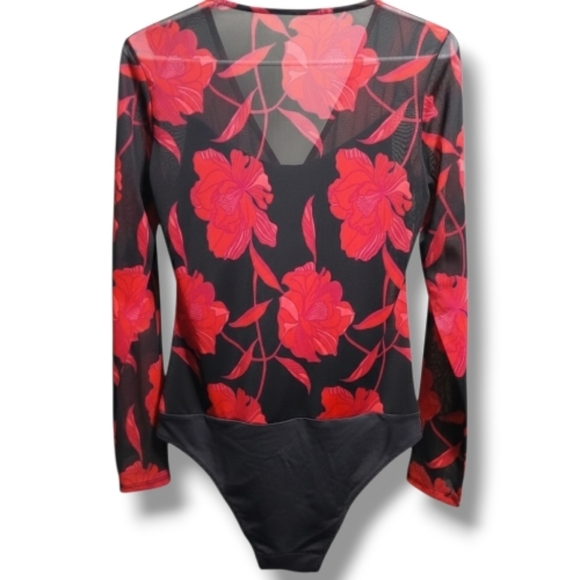 Tahari Floral Mesh Faux-Wrap Long Sleeve Bodysuit - Picture 2 of 4